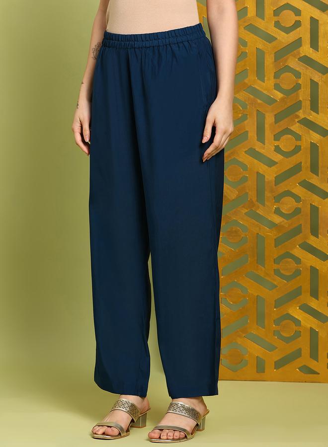 globus Women Navy Blue Floral Sequin Embroidered Kurta with Pants Set - Image 4